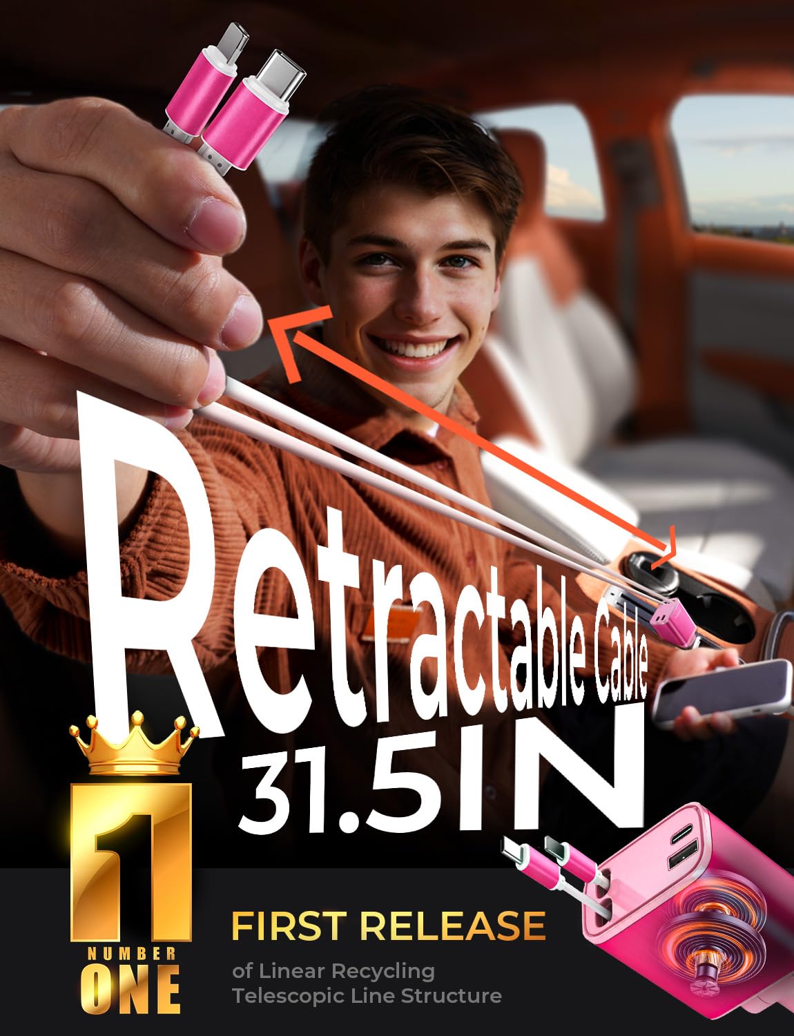LISEN 4-in-1 Retractable Car Charger – 84W USB-C Fast Charge for iPhone & Samsung