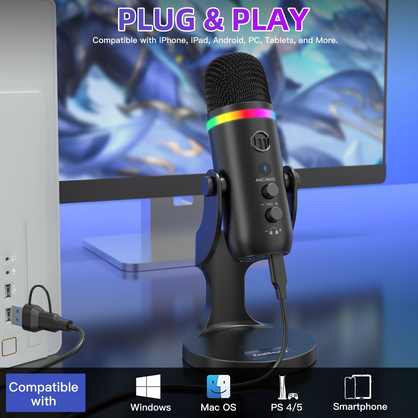ZealSound Podcast Microphone for PC, Noise Cancellation USB Mic with Gain, Volume Adjustment & Mute Button, Monitoring & Echo, for YouTube, TikTok, Podcasting, Streaming, iPhone, iPad, Android, Mac