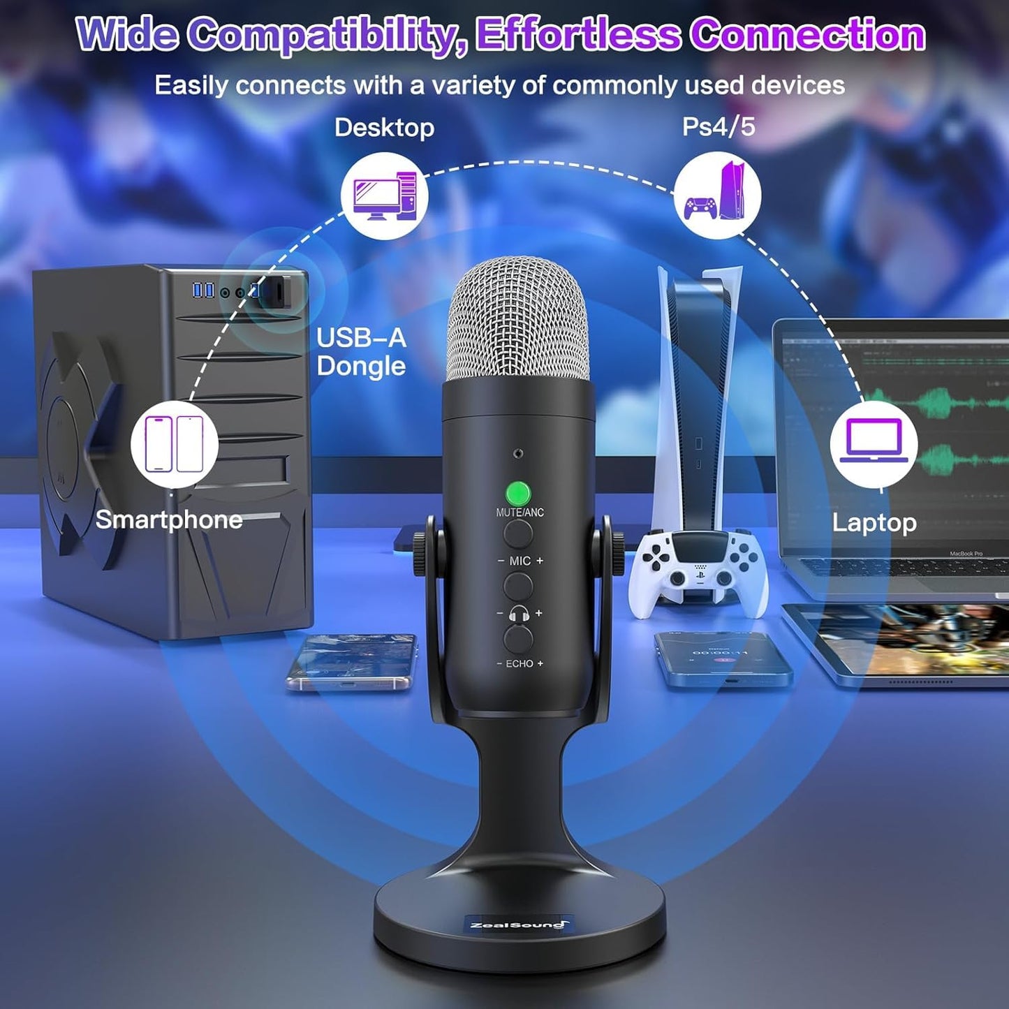 ZealSound Podcast Microphone for PC, Noise Cancellation USB Mic with Gain, Volume Adjustment & Mute Button, Monitoring & Echo, for YouTube, TikTok, Podcasting, Streaming, iPhone, iPad, Android, Mac