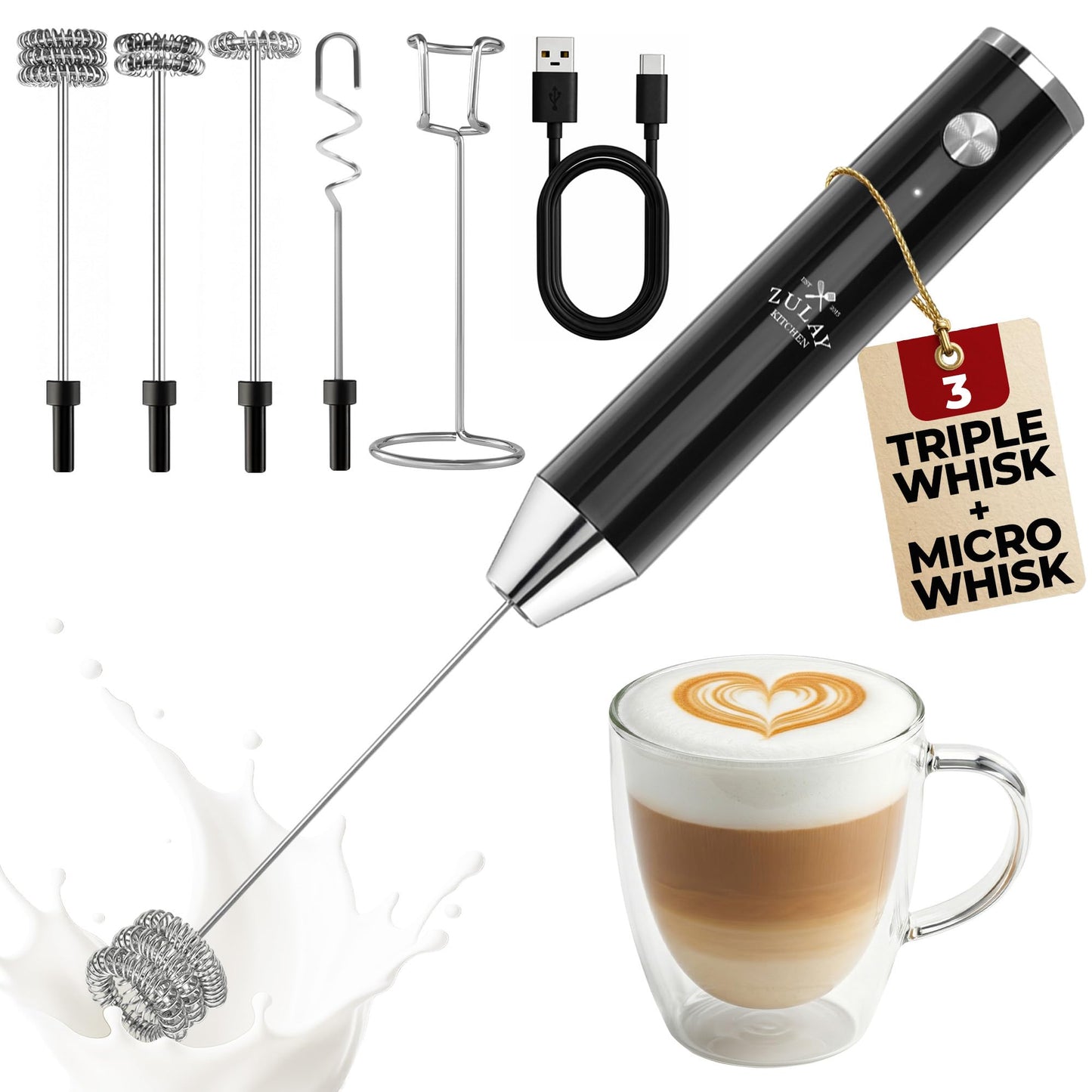 Zulay Milk Boss Frother Wand with Stand & Batteries