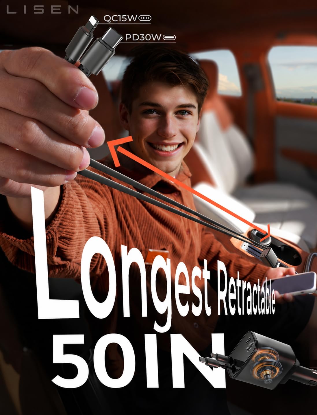 LISEN 4-in-1 Retractable Car Charger – 84W USB-C Fast Charge for iPhone & Samsung