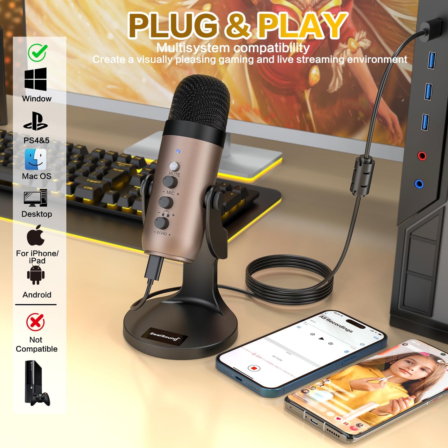 ZealSound Podcast Microphone for PC, Noise Cancellation USB Mic with Gain, Volume Adjustment & Mute Button, Monitoring & Echo, for YouTube, TikTok, Podcasting, Streaming, iPhone, iPad, Android, Mac