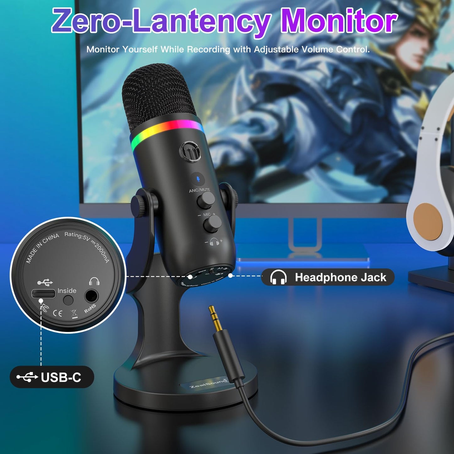 ZealSound Podcast Microphone for PC, Noise Cancellation USB Mic with Gain, Volume Adjustment & Mute Button, Monitoring & Echo, for YouTube, TikTok, Podcasting, Streaming, iPhone, iPad, Android, Mac