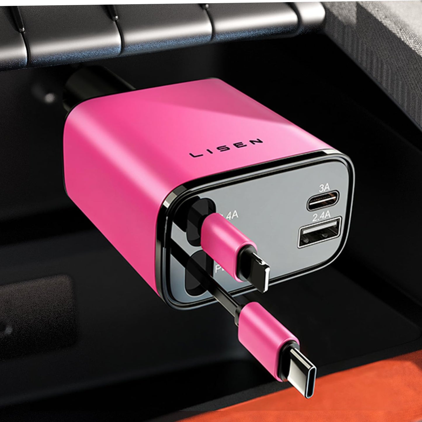 LISEN 4-in-1 Retractable Car Charger – 84W USB-C Fast Charge for iPhone & Samsung