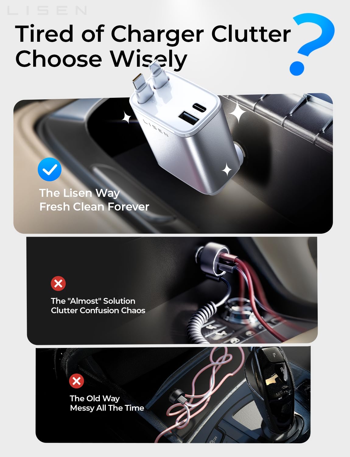 LISEN 4-in-1 Retractable Car Charger – 84W USB-C Fast Charge for iPhone & Samsung