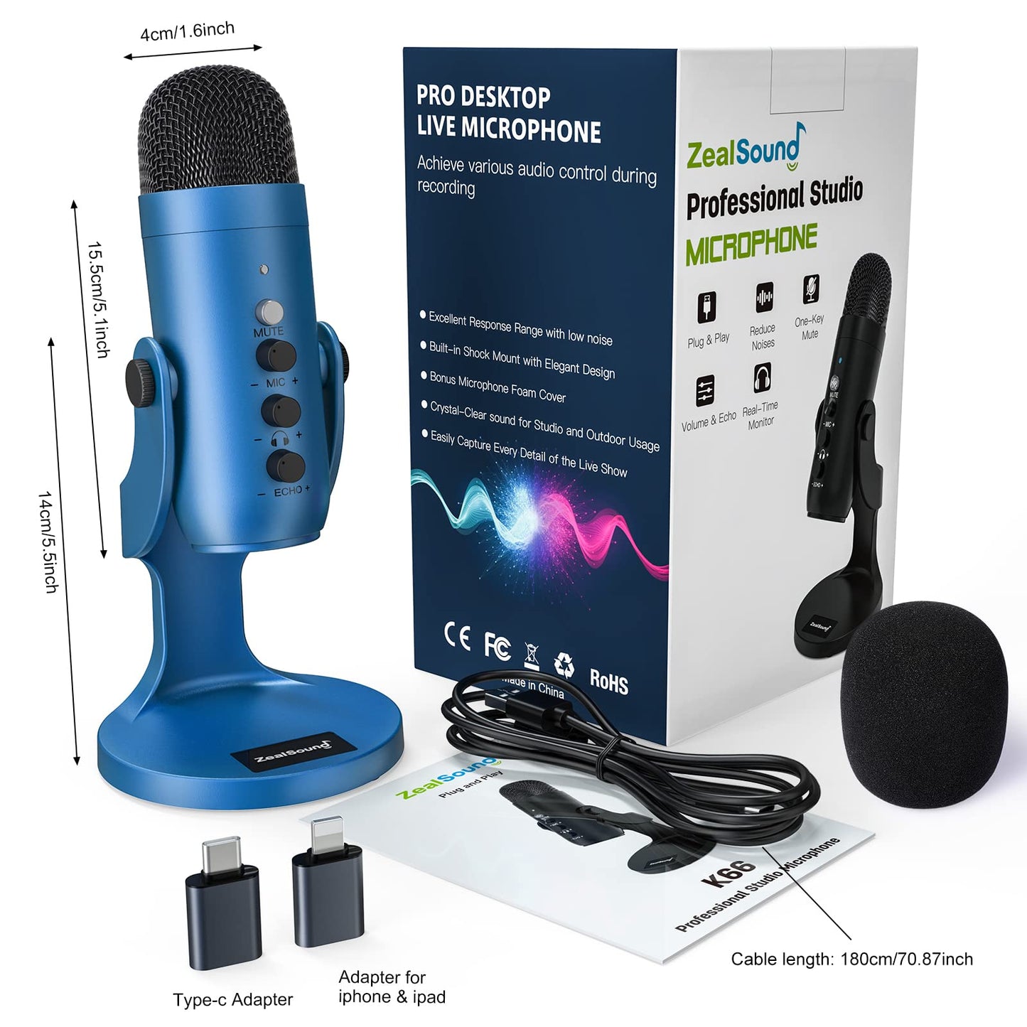 ZealSound Podcast Microphone for PC, Noise Cancellation USB Mic with Gain, Volume Adjustment & Mute Button, Monitoring & Echo, for YouTube, TikTok, Podcasting, Streaming, iPhone, iPad, Android, Mac