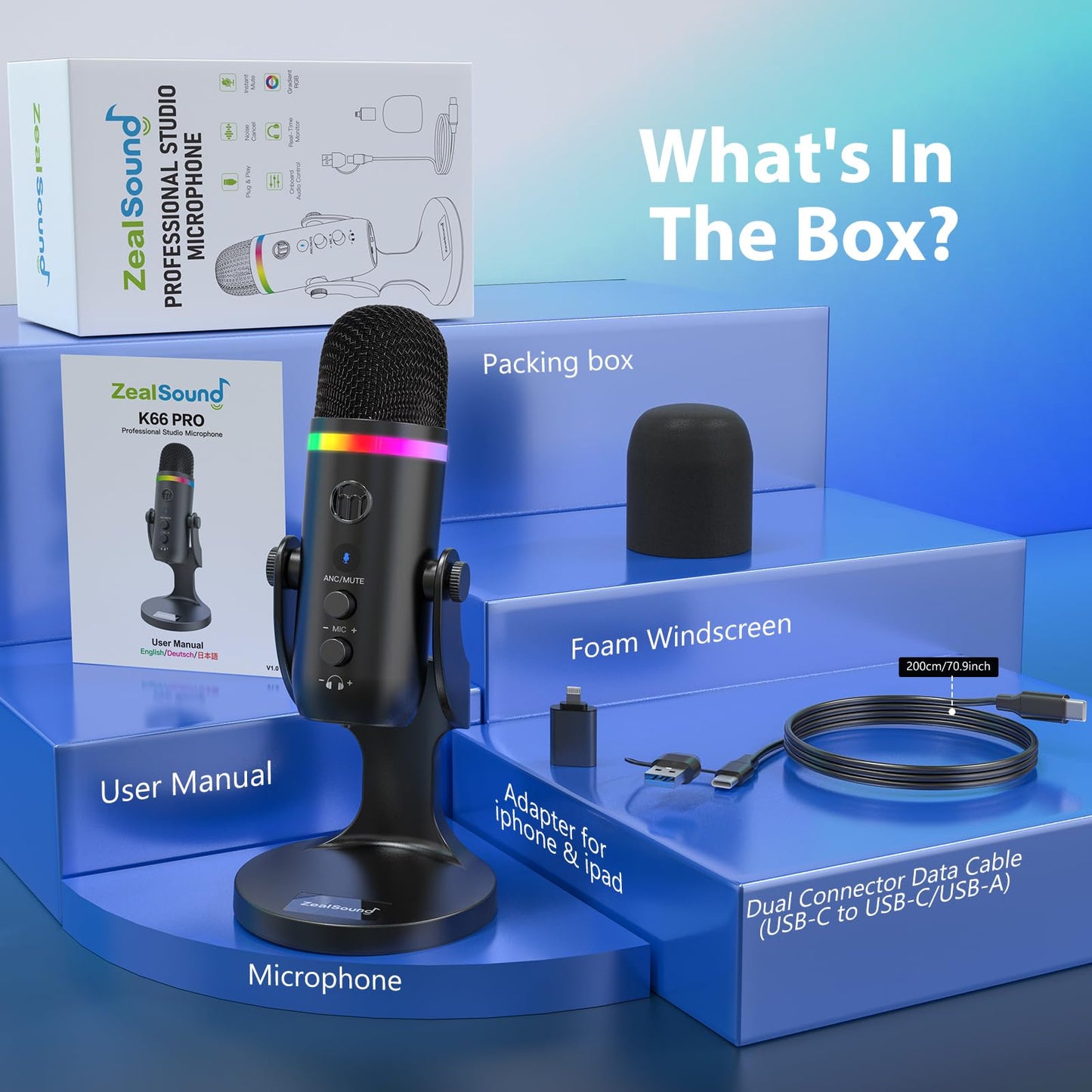 ZealSound Podcast Microphone for PC, Noise Cancellation USB Mic with Gain, Volume Adjustment & Mute Button, Monitoring & Echo, for YouTube, TikTok, Podcasting, Streaming, iPhone, iPad, Android, Mac