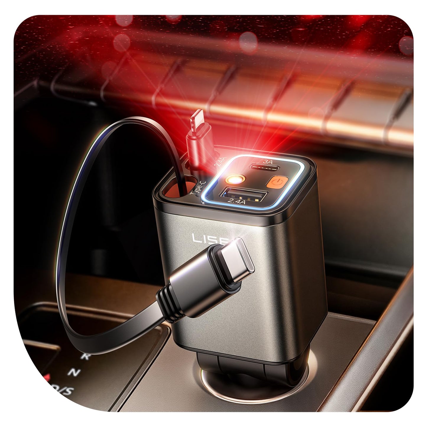 LISEN 4-in-1 Retractable Car Charger – 84W USB-C Fast Charge for iPhone & Samsung
