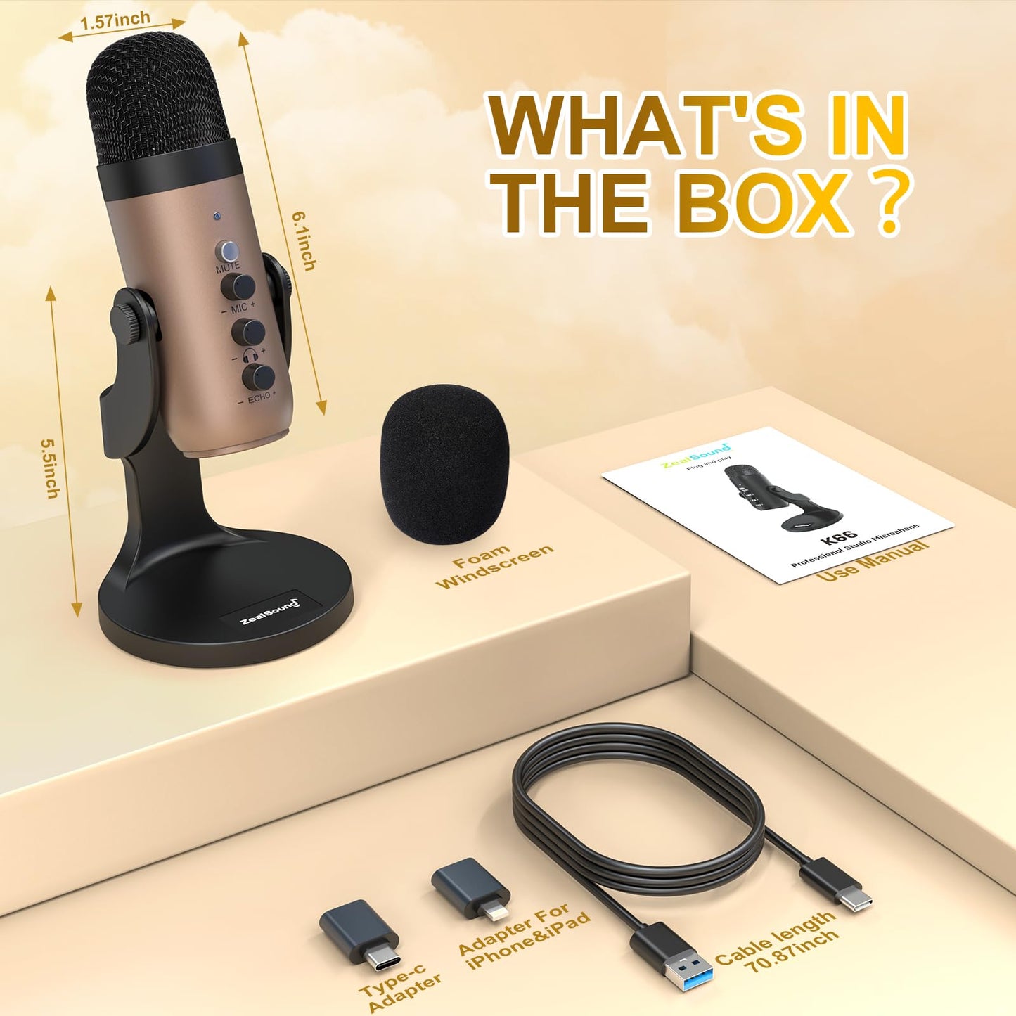 ZealSound Podcast Microphone for PC, Noise Cancellation USB Mic with Gain, Volume Adjustment & Mute Button, Monitoring & Echo, for YouTube, TikTok, Podcasting, Streaming, iPhone, iPad, Android, Mac